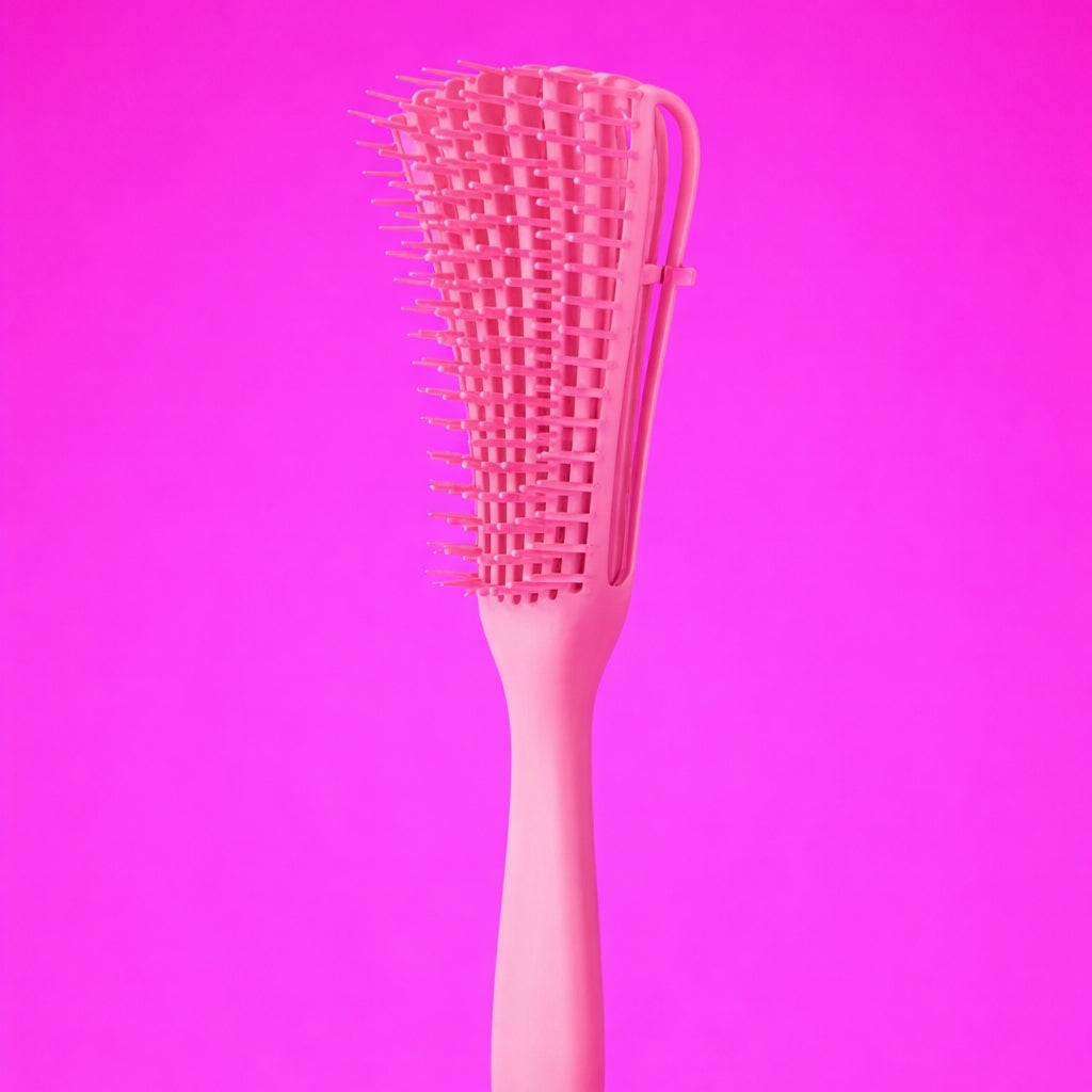 Pink hairbrush on a pink background