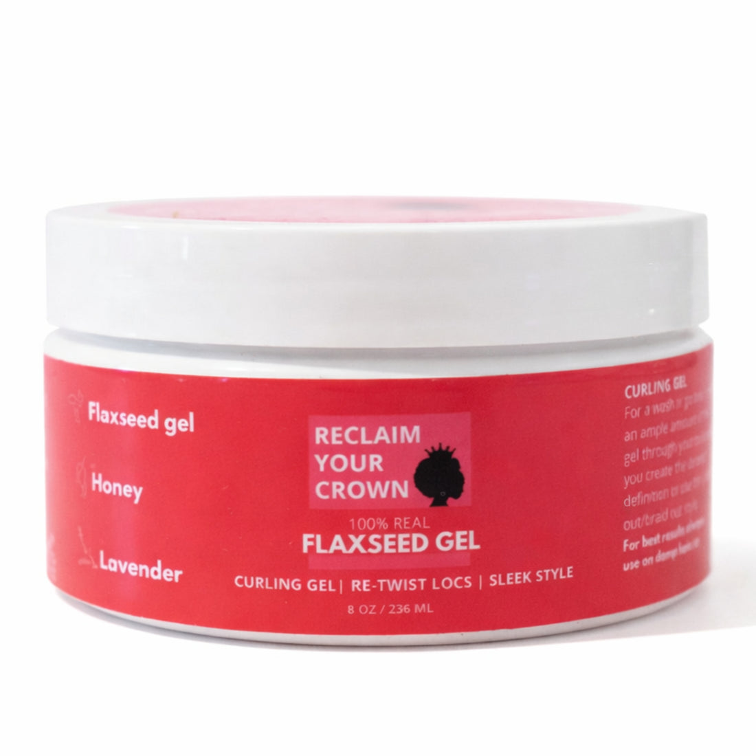 Jar of Reclaim Your Crown flaxseed gel on a white background