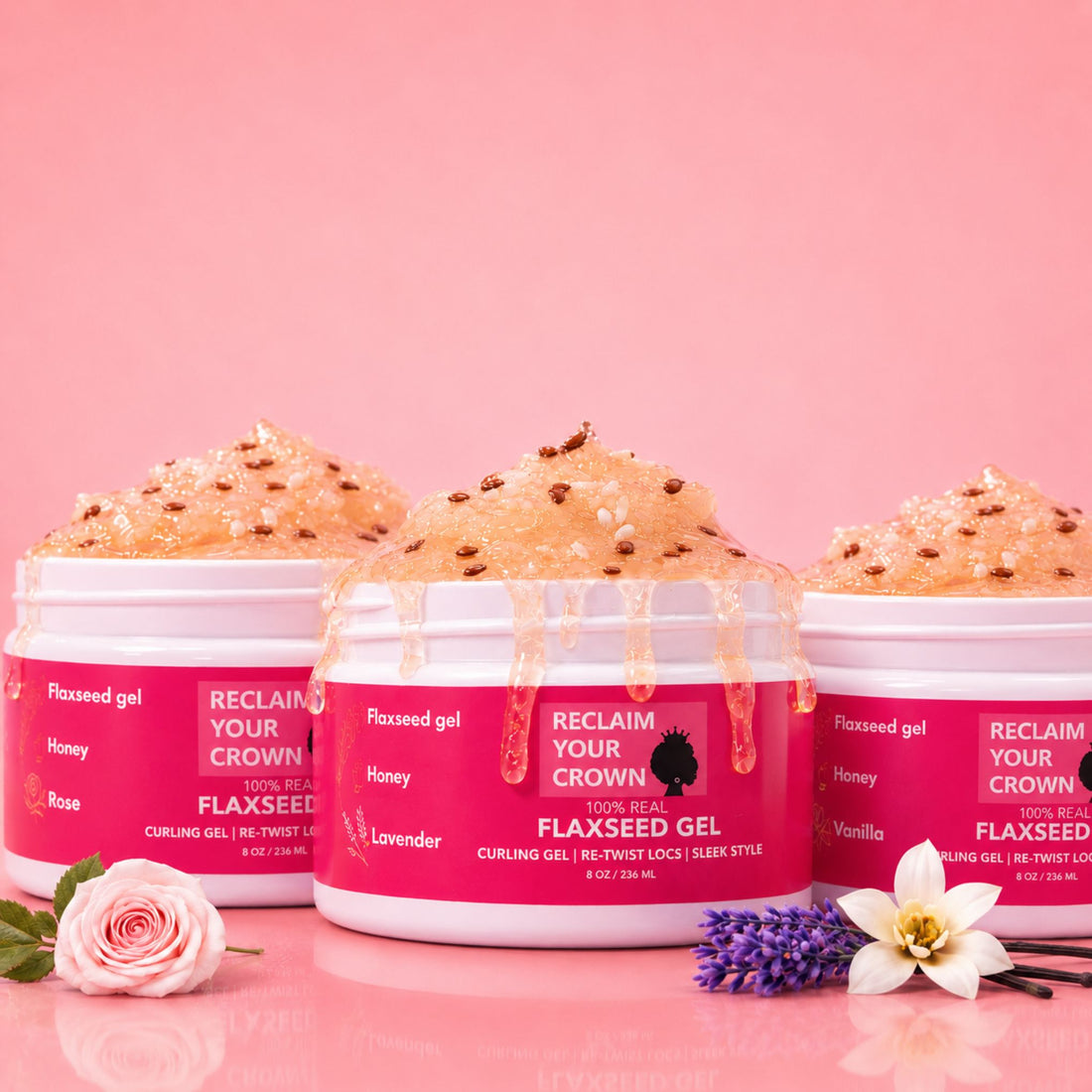 Three jars of Reclaim Your Crown flaxseed gel with flowers on a pink background