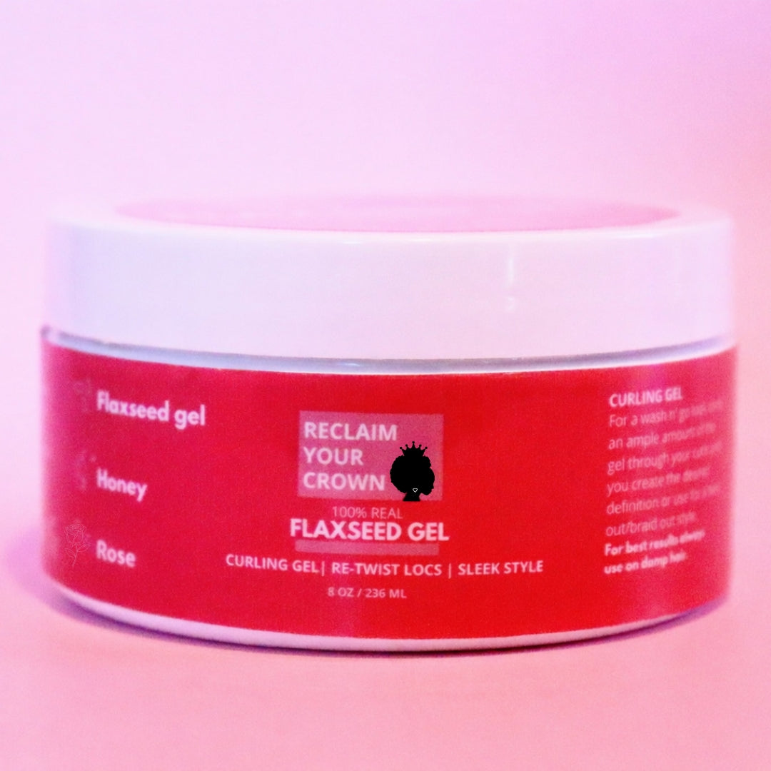 Jar of Reclaim Your Crown flaxseed gel on a pink background