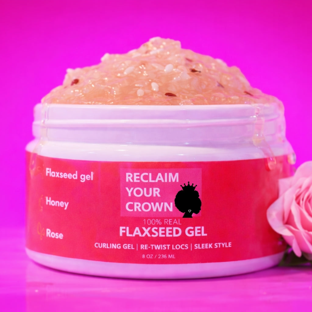 Rose Scented Flaxseed gel jar with pink lid and visible text on a pink  background by Reclaim Your Crown