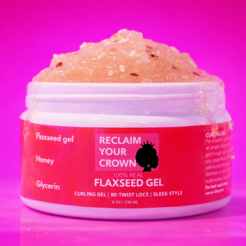 Jar of unscented flaxseed gel by Reclaim Your Crown with pink background