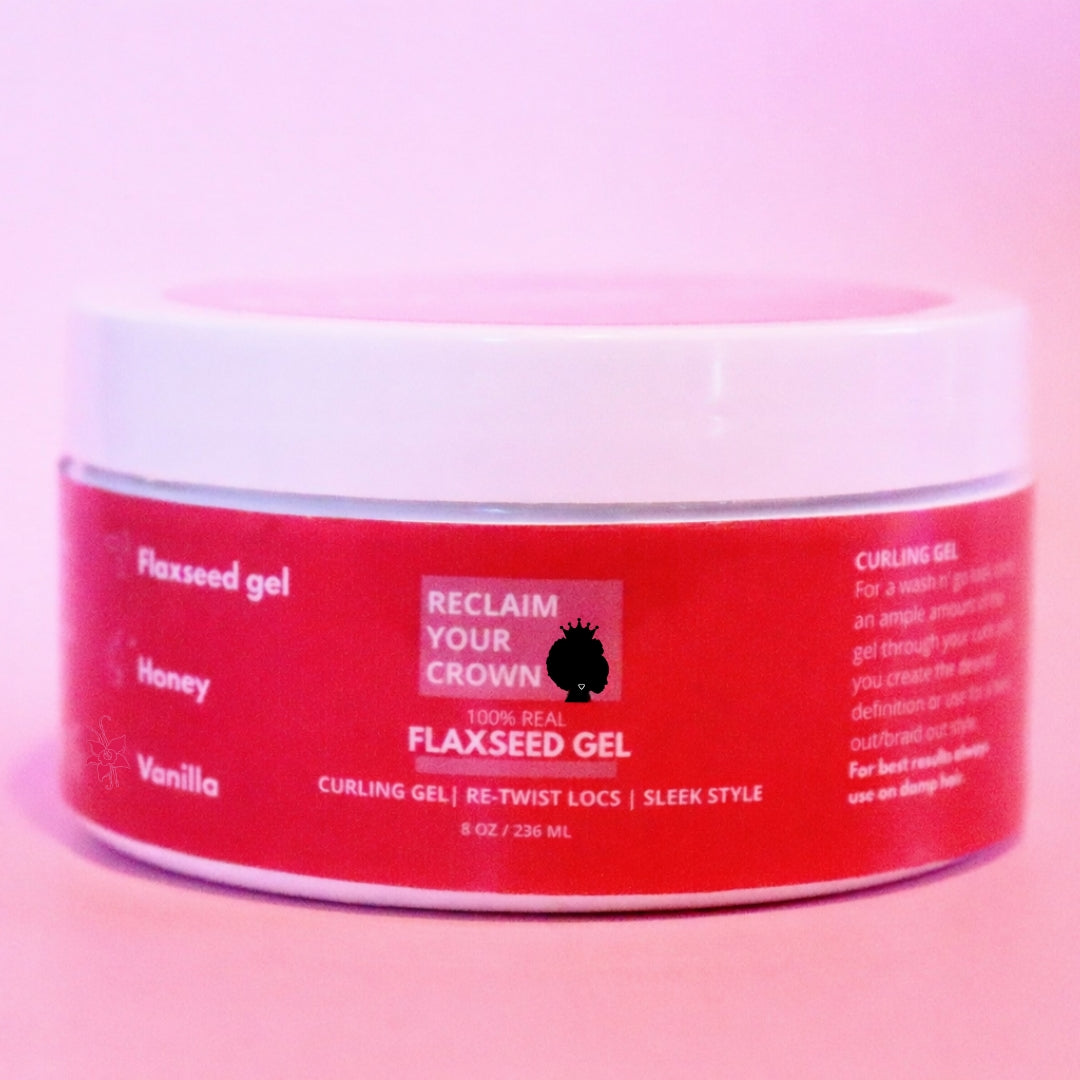 Jar of flaxseed gel with branding on a pink background