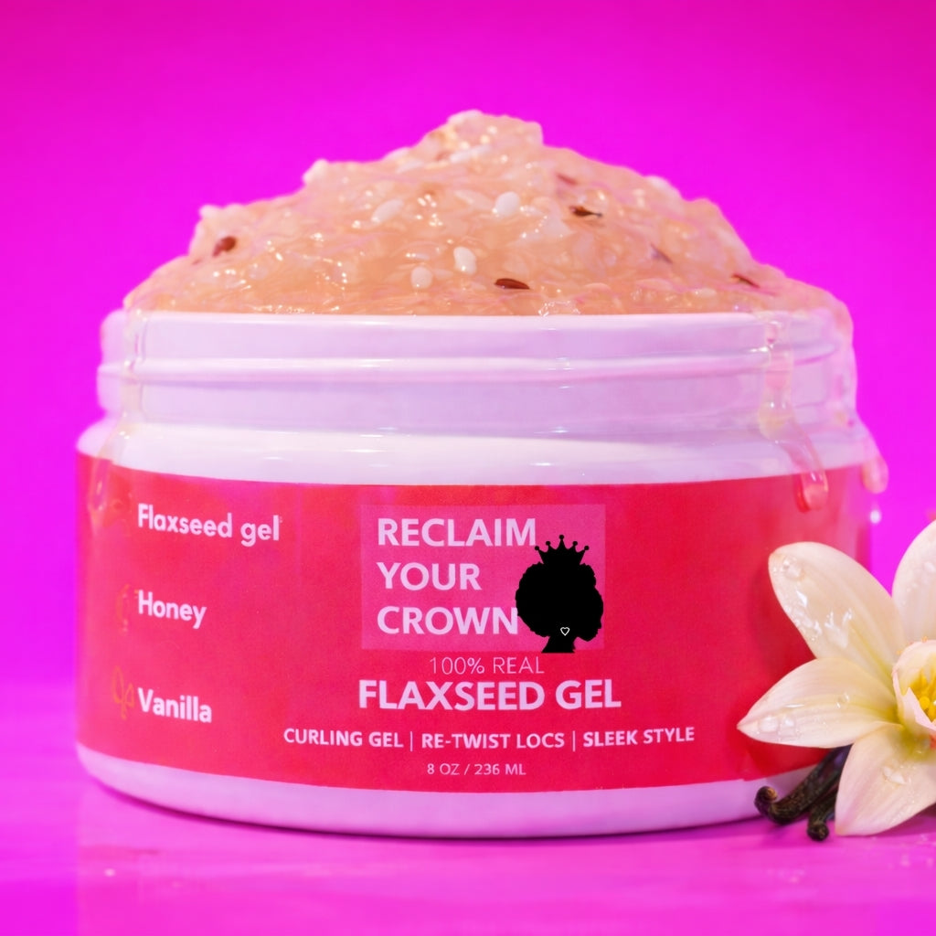 Vanilla Scented Flaxseed gel jar with vanilla flower on a pink background by Reclaim Your Crown