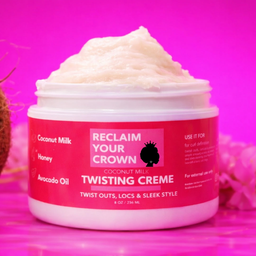 Jar of 'Reclaim Your Crown' Twisting Crème on a pink background