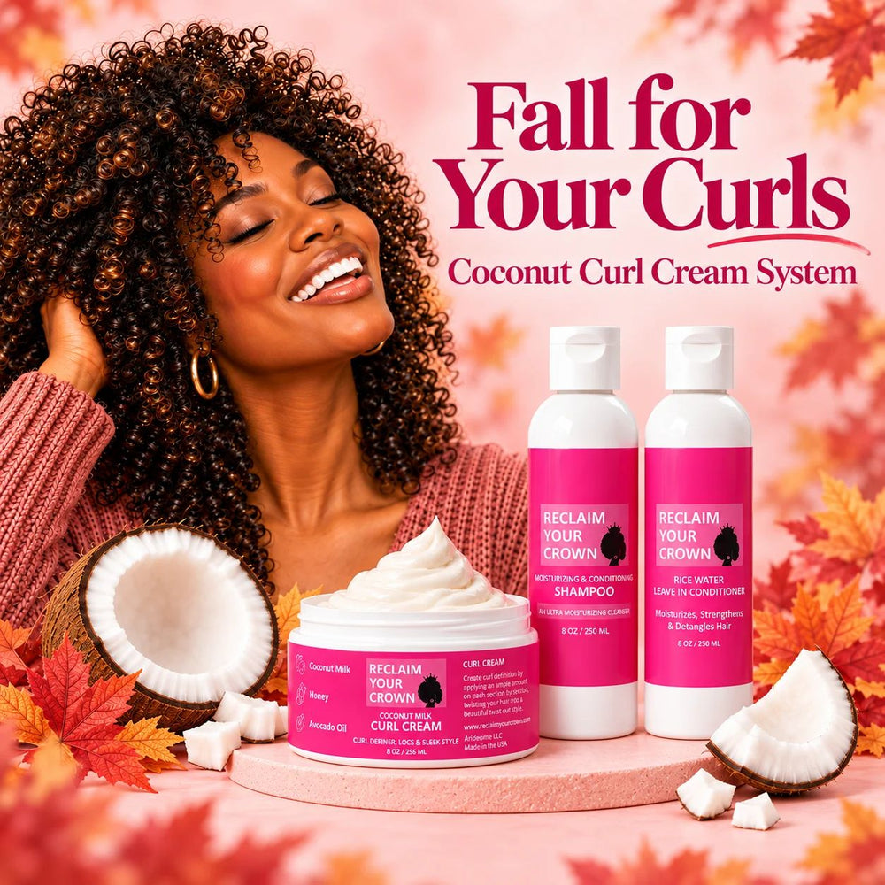 A smiling woman with voluminous dark curly hair is shown beside three coconut curl care products: a jar of curl cream, a bottle of curl shampoo, and a bottle of curl conditioner. The scene uses a pink autumn theme with fall leaves, coconuts, and large text reading 'Fall for Your Curls' and 'Coconut Curl Cream System.