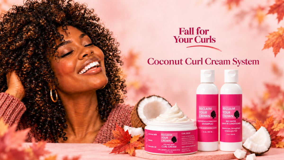 A smiling woman with voluminous curly hair is shown beside coconut curl cream products in a pink autumn-themed promotional scene. Visible text reads 'Fall for Your Curls' and 'Coconut Curl Cream System,' with two white bottles and a jar labeled 'Reclaim Your Curls Coconut Curl Cream.