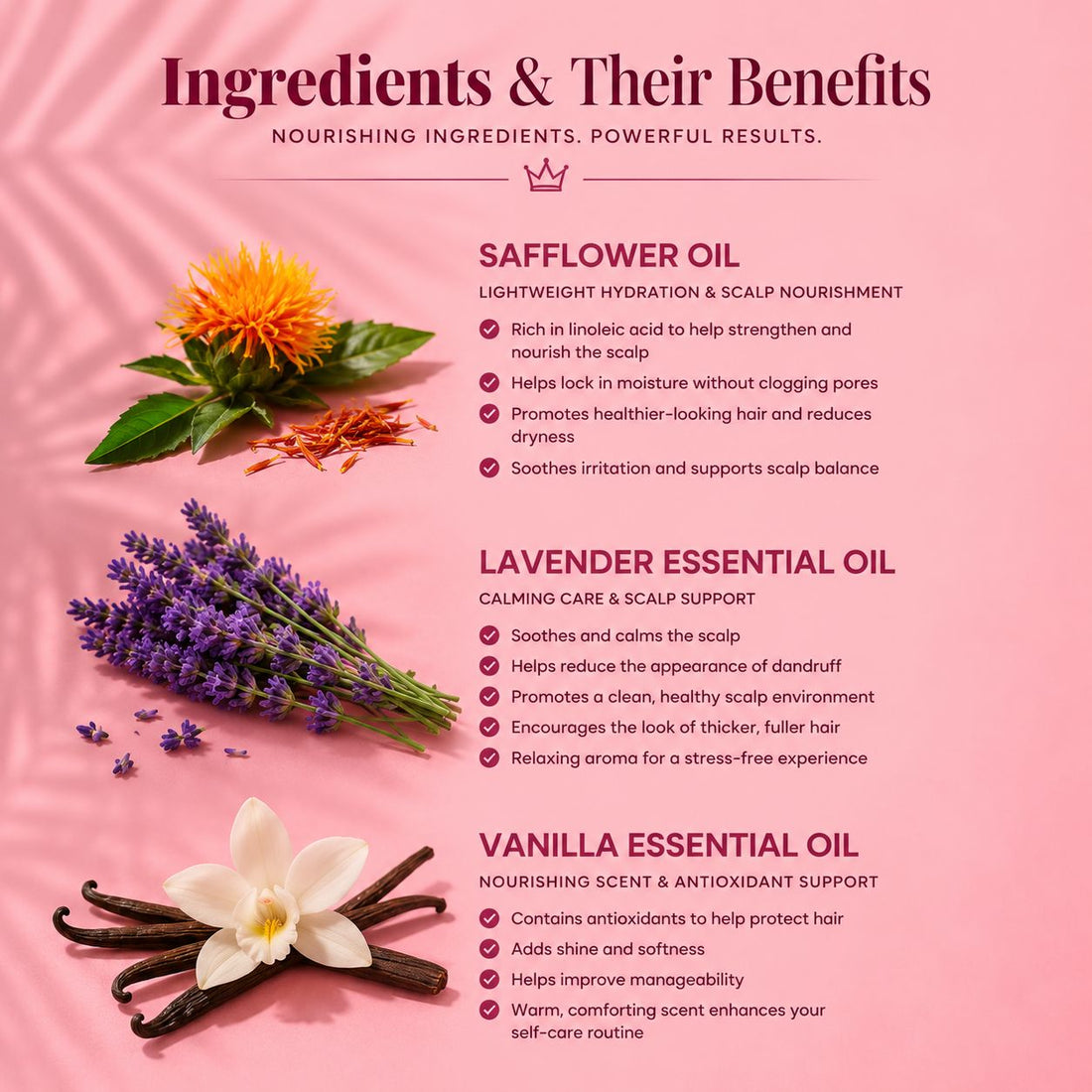 Ingredient infographic for Golden Crown Oil featuring safflower oil, lavender essential oil, and vanilla essential oil with descriptions of their scalp and hair benefits on a soft pink background.
