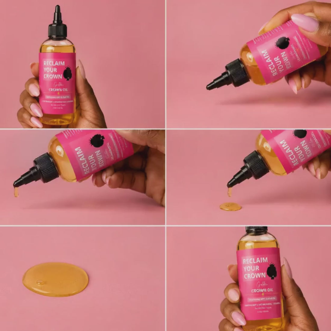 Black woman’s hand holding and pouring Golden Crown Oil onto a soft pink surface in a beauty-style product demonstration featuring a bright pink Reclaim Your Crown label and golden hair oil.