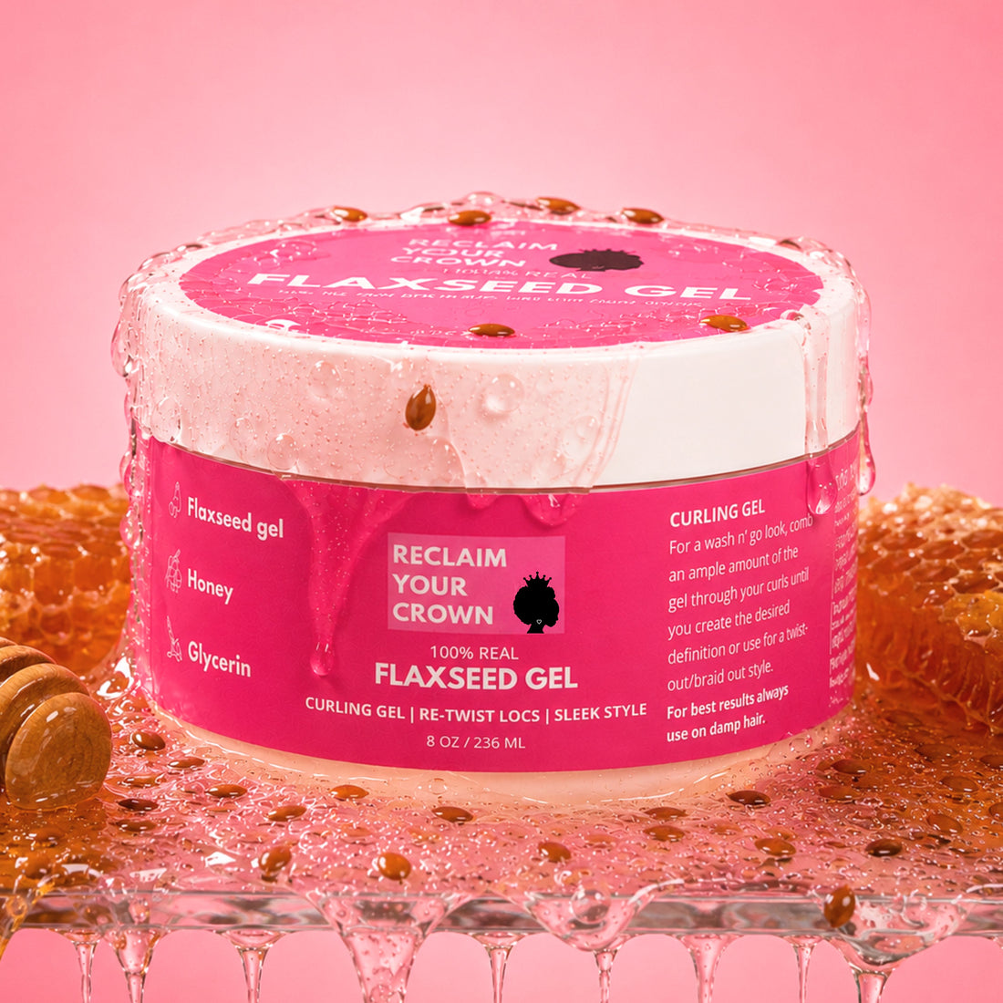 Jar of Reclaim Your Crown unscented flaxseed curl gel on a pink background